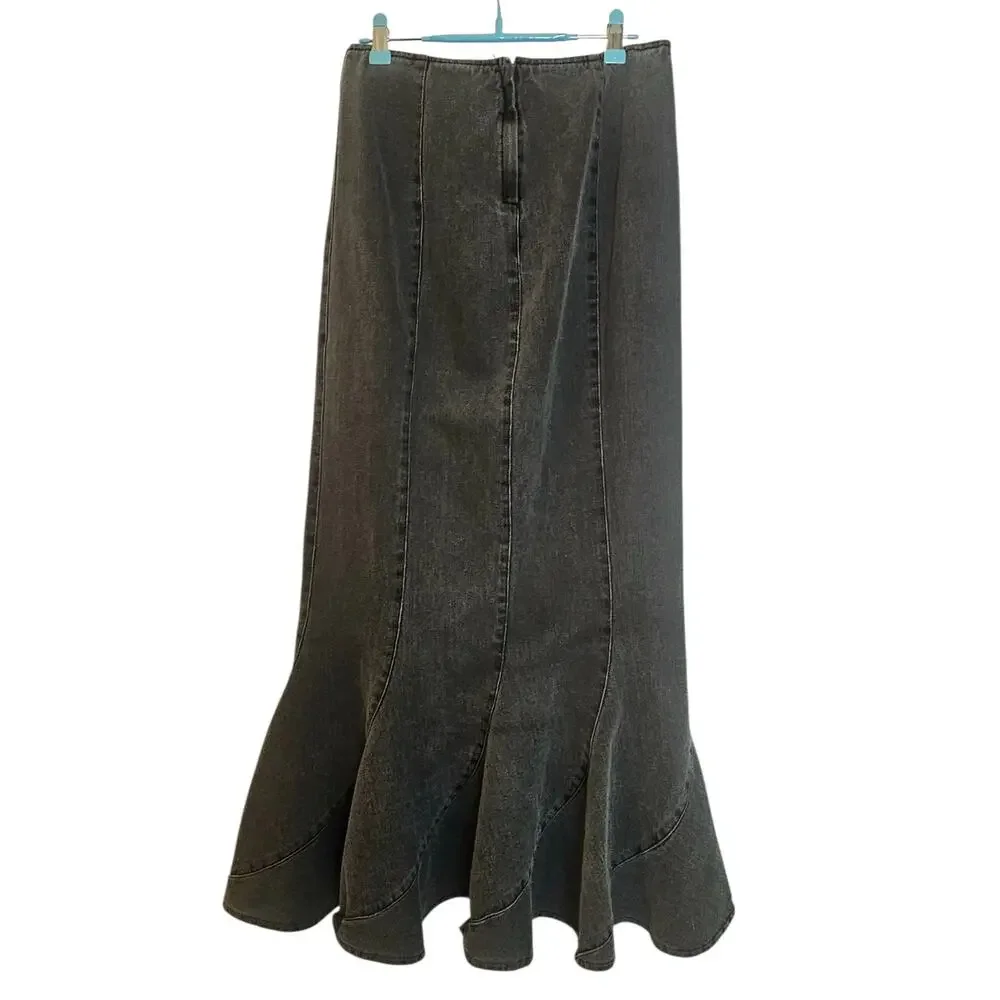 Vintage Y2K Black Faded Denim Jean Mermaid Flared Long Maxi Skirt